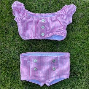 Girls Janie and Jack Seersucker pink 2 piece swimsuit 3 To 6 Months EUC